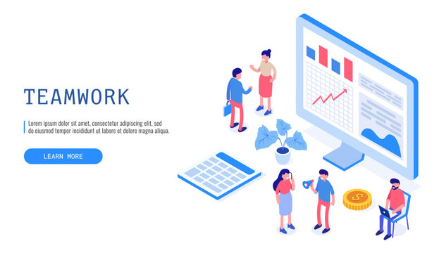 Teamwork concept. People work together on a project. Isometric vector web banner.