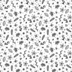 Cute floral seamless pattern with hand drawn elements on white background. Scandinavian style. Doodle flowers