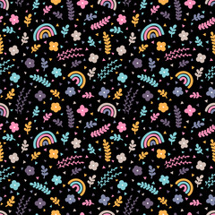 Cute floral seamless pattern with hand drawn elements. Rainbow, flowers. Scandinavian style. Spring
