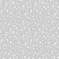 Floral seamless pattern with hand drawn elements. Scandinavian style. Doodle flowers. Christmas