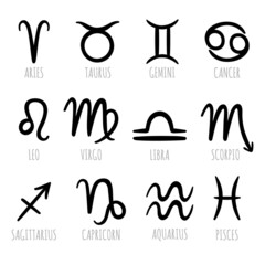 Hand drawn zodiac signs set. Astrological mystical symbols, icons. Horoscope. Calendar collection