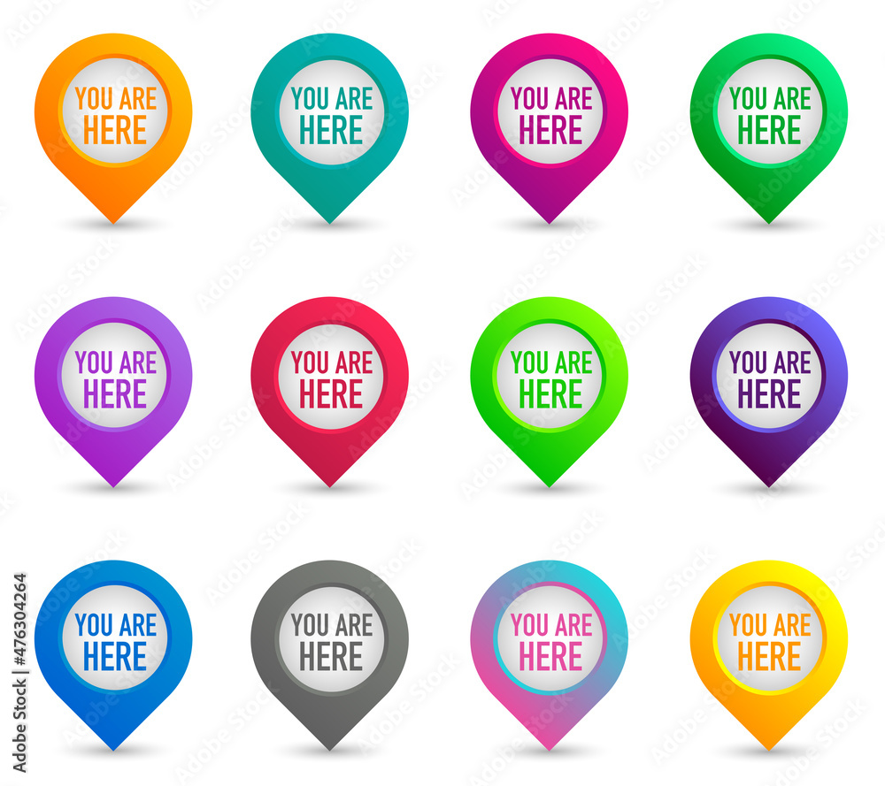 Poster are you here with map pointer. vector illustration. color location map pin collection.