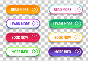 Read, Learn More, Book Now, More Info colorful button set. Vector