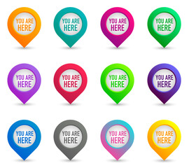 Are you here with map pointer. Vector illustration. Color location map pin collection.