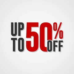 Special offer up to 50 percent discount, Banner template design with red text isolated on white background, special offer sales promotion. vector template illustration