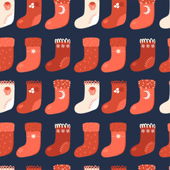 Illustration of a seamless pattern from Christmas socks. Santa socks with different designs.