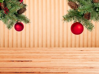 Empty wooden table with Christmas tree. Christmas background for mock up design