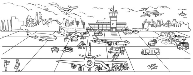 Large   coloring. Airport. children's illustration, many characters, funny details