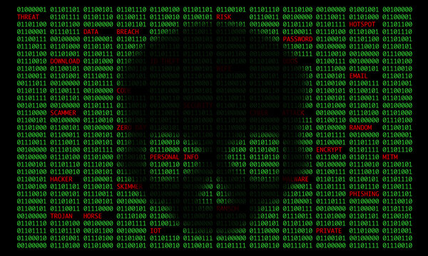 Digital binary code and a skull with modern crypto and cybersecurity threat words.
