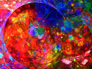 Imagen de arte digital conceptual compuesto de formas circulares en colores cálidos solapadas formando un todo con aspecto de ser erupciones volcánicas en planeta desconocido.