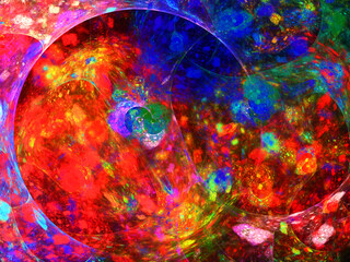 Imagen de arte digital conceptual compuesto de formas circulares en colores cálidos solapadas formando un todo con aspecto de ser erupciones volcánicas en planeta desconocido. © Pedroml