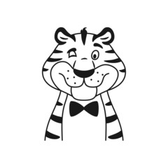 Black and white outline winking tiger portrait coloring page. Cartoon comic happy character face. Adorable line wild cat. Sketch animal head vector illustration.