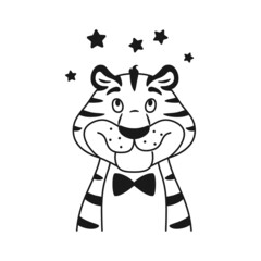 Black and white outline adorable smiling dreaming tiger portrait looking at stars above his head isolated on white background. Cute wild cat coloring page. Animal face sketch line vector illustration.