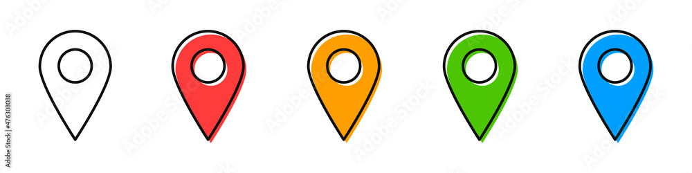 Poster location icons. set of map pointers in different colors. pin on the map. vector illustration