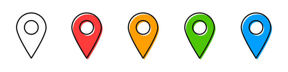 Location icons. Set of map pointers in different colors. Pin on the map. Vector illustration