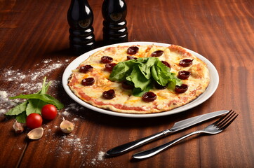 pizza with chesee and sausage on wooden table