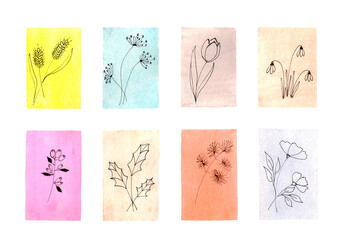 doodle flowers on colorful watercolor background, hand drawn illustration