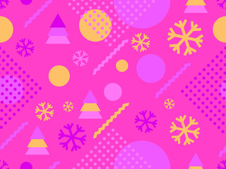 Christmas seamless pattern with geometric shapes in the style of the 80s. Christmas balls and trees with triangles, snowflakes for brochures, banners and wrapping paper. Vector illustration