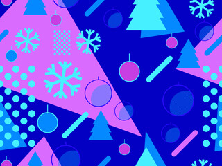 Christmas seamless pattern with geometric shapes in the style of the 80s. Christmas balls and trees with triangles, snowflakes for brochures, banners and wrapping paper. Vector illustration