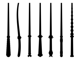 Black outlines of magic wands isolated on white background. Magic wands icons set. Tool of the wizard and the sorcerer. Magic items. Vector illustration