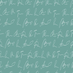 vector seamless pattern handwritten personal signatures. Hand writing by pen, lines of handwritten text