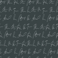 vector seamless pattern handwritten personal signatures. Hand writing by pen, lines of handwritten text