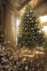 Beautifully decorated and illuminated Christmas tree with many presents under it in wooden rustic interior. Golden decoration and bokeh. Vintage toning.