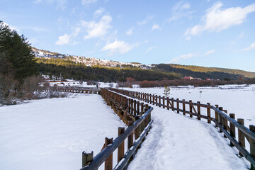 panoramic view of winter landscape. people walking on wooden walking path, with many snow and frozen trees. The Abant Lake Natural Park(Black Sea) Region. 