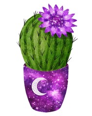 Celestial cactus clip art illustration in flowerpot with stars and cosmos pattern. Bright watercolor succulent isolated on white. Handdrawn prickly green house plant for mystic astrology design.
