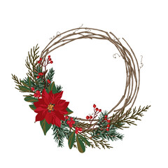 A wreath of vines, thuja, poinsettia, Christmas tree, winter berries. Christmas theme.