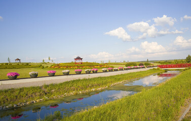 Fototapeta na wymiar Landscape with oriental pavilion, green meadow and blue sky in the park 