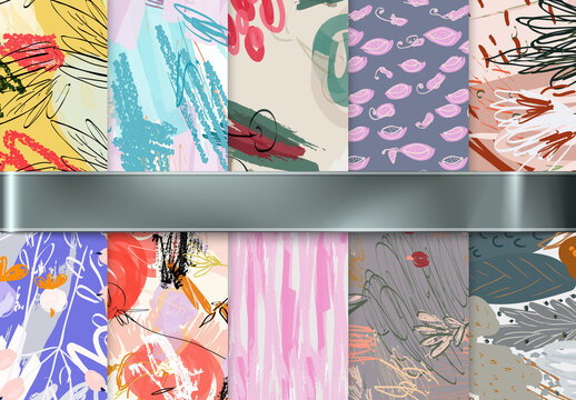 Seamless Pattern Collection with Hand Drawn Rough Abstract Strokes and Floral Elements