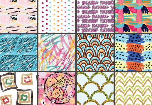 Seamless Pattern Set with Marker Brush Doodle and Strokes