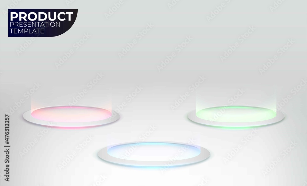 Poster abstract hi-tech background for display product with neon glowing rings on floor. product comparison