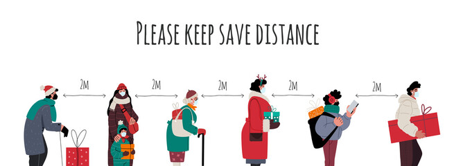 Save distance,people in medical masks standing in line.Christmas shopping