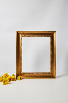 Gold picture frame still life with dandelions