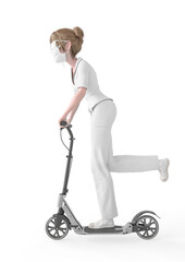 nurse girl is riding a electric scooter side view