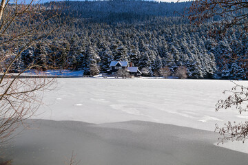 Bolu Golcuk National Park, lake wooden house on a snowy winter day in the forest in Turkey. Frozen lake and forest in national park