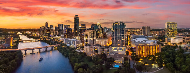 Austin Texas skyline with sunset