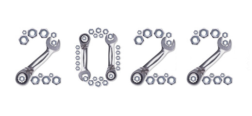 Pattern of metal nuts for bolts, numbers 2020 New Year, isolate on a white background. Spare parts for fastenings designs, Christmas card holiday greetings. Ratchet Wrench.