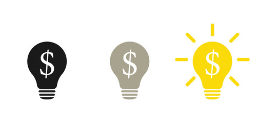 Bright light bulb Inside - a dollar symbol. Idea lamp icon collection. Flat style.