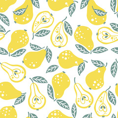 Vector seamless pattern with pears on a white background. Summer illustration in a flat style. Stylization of pears. Ripe fruits are whole and cut in half. Design of clothing, interior, souvenirs