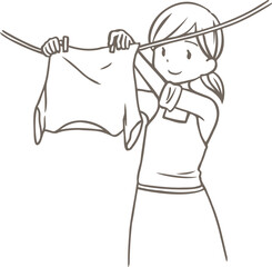 洗濯物を干す女性の線画