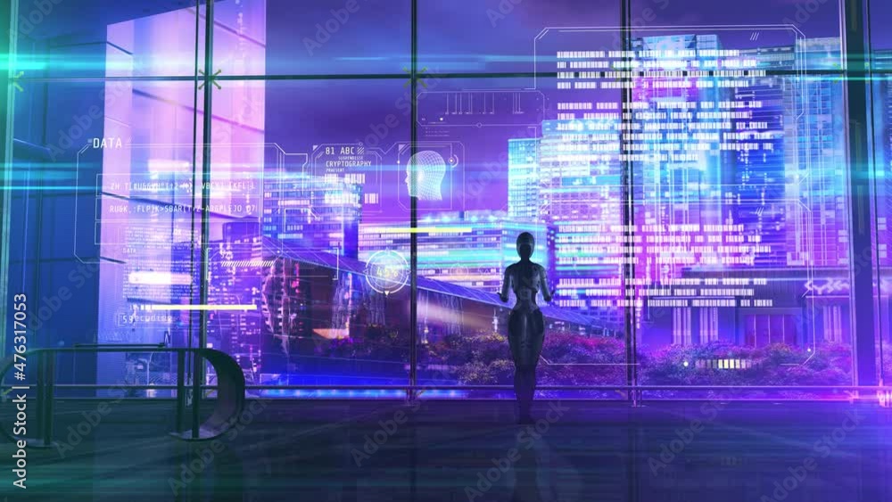 Poster fantastic plot with android and data, 3d render.