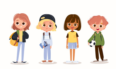 Set of school kids, pupils with books and backpacks. Vector set of preschoolers children, teenagers characters in different poses, clothes, wear. Children fashion models. Kids apparel.