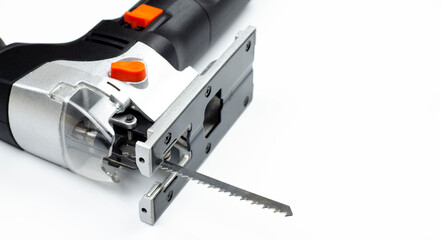 Electric jigsaw. Woodworking power tools. Jigsaw. On a white background. Workshop.