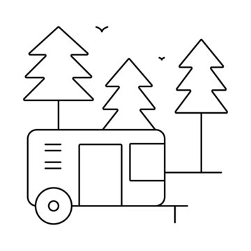 Bus in the coniferous forest Christmas trees Vector. Black and white. White background. Line drawing.