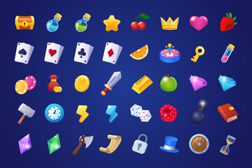 Colorful slots items for game menu isolated set. Fruits, cards, dice, diamond, roulette, casino different symbols. Gambling elements kit of graphical user interface of mobile app. Vector illustration. © alexdndz
