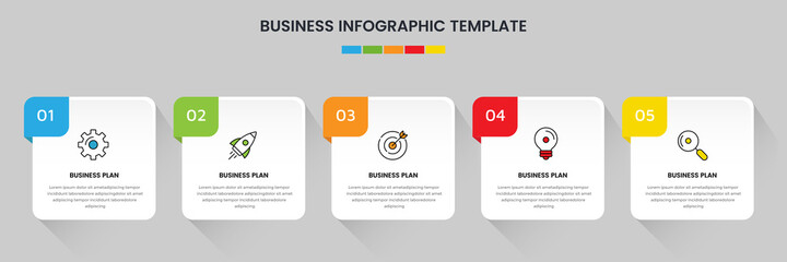 Business infographic design template with icons and 5 options or steps. Can be used for workflow, presentation, etc. Vector illustration