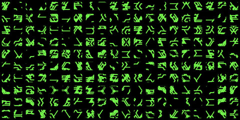 Computer generated green alien hieroglyphs symbols isolated on black background, digital alien alphabet, round squared forms, cut borders. Green aliens civilization print fonts - obrazy, fototapety, plakaty